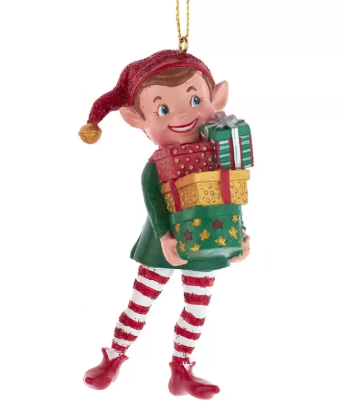Sale Ornament, "Red Hat", Elf With An Armful Of Gifts The Elves