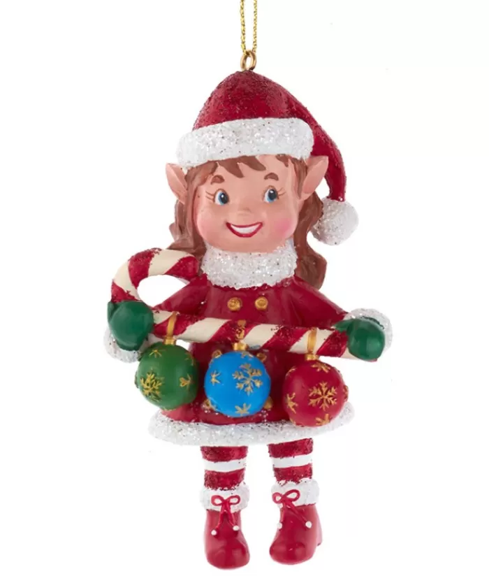 Best Sale Ornament, "Red Hat", Miss Elf With Decorated Candy Cane Red Hats
