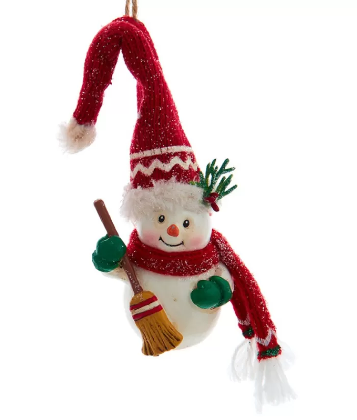 New Ornament, "Red Hat" Snowman With Broom Red Hats