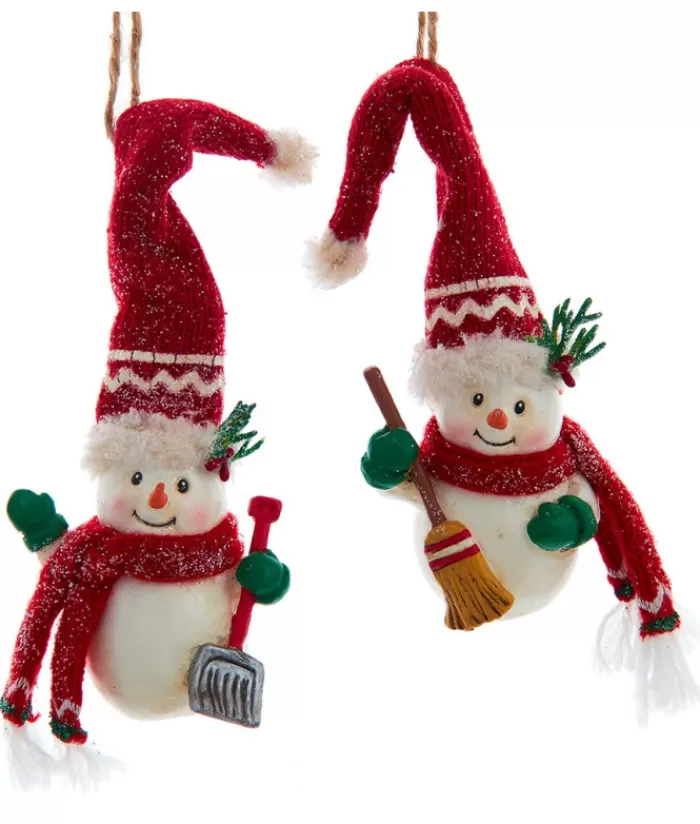 New Ornament, "Red Hat" Snowman With Broom Red Hats