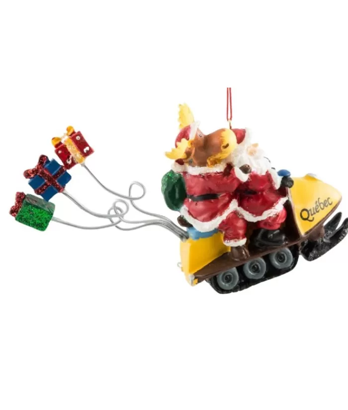 Store Ornament, Santa And Moose On Yellow Snowmobile Angels & Santas