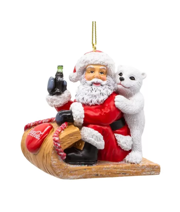 Boutique de Noël Coca-Cola*Ornament, Santa And Polar Bear Cub On Sled With A Coca Cola