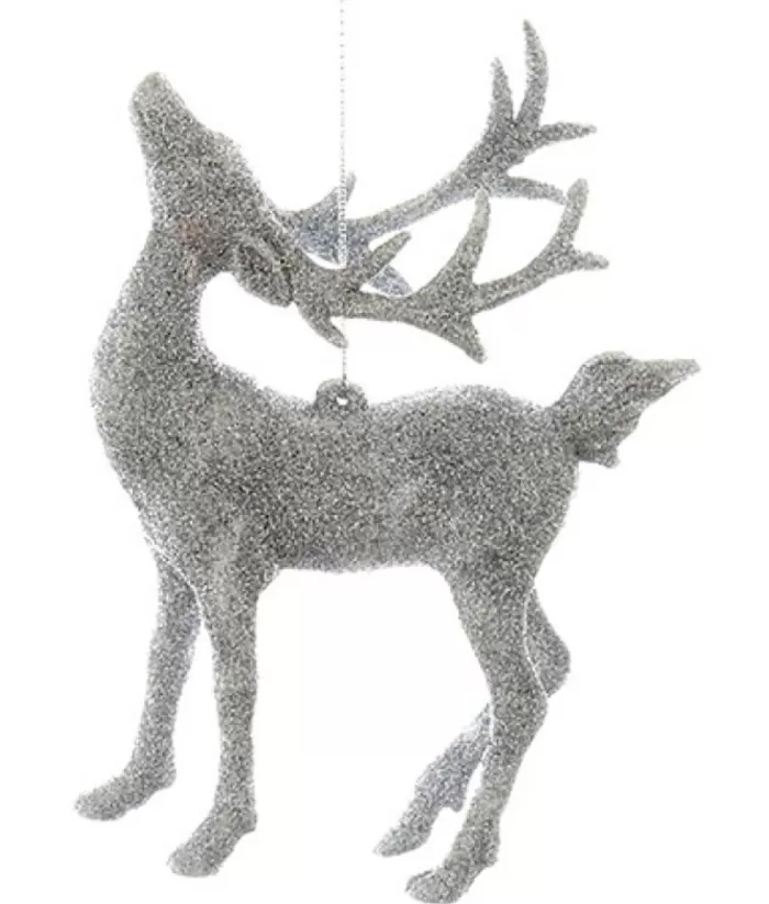 Boutique de Noël Enchanted Forest*Ornament, Silver Glittered Stag, With It'S Neck Arched