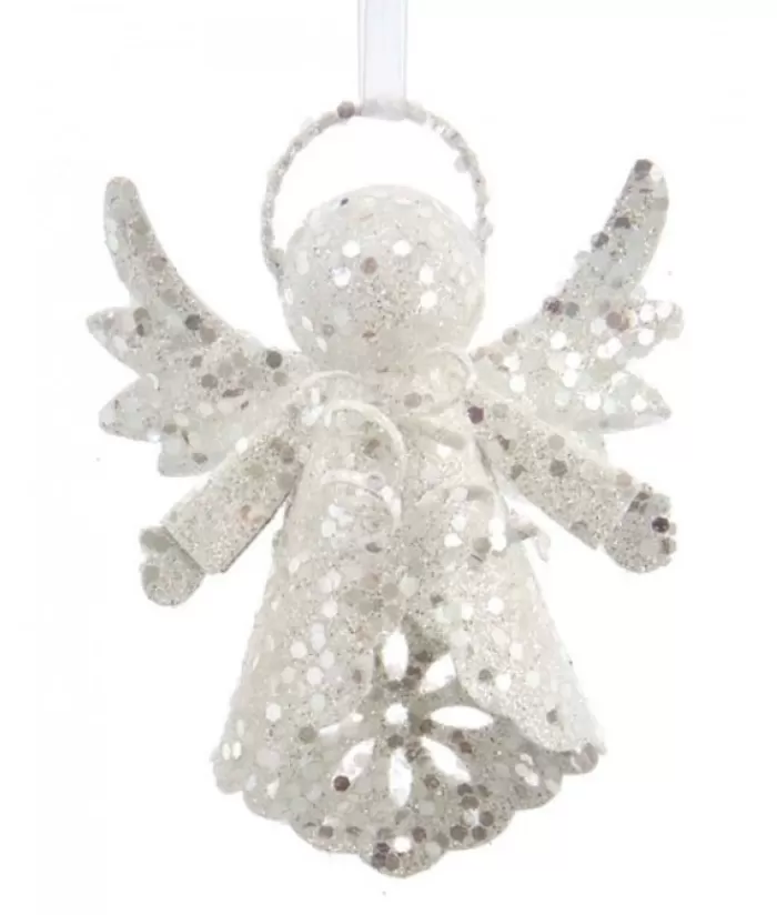 Clearance Ornament, White Sparkling Angel, With Her Wings Raised. Angels & Santas