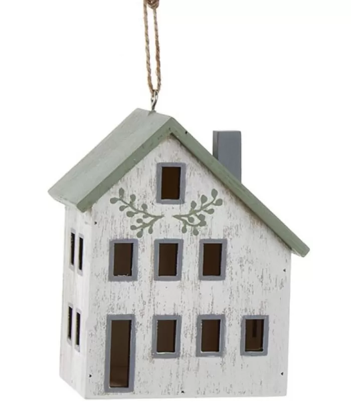 Store Ornament, Wooden House, In Sage And Ivory Colours Sweet Sentiments