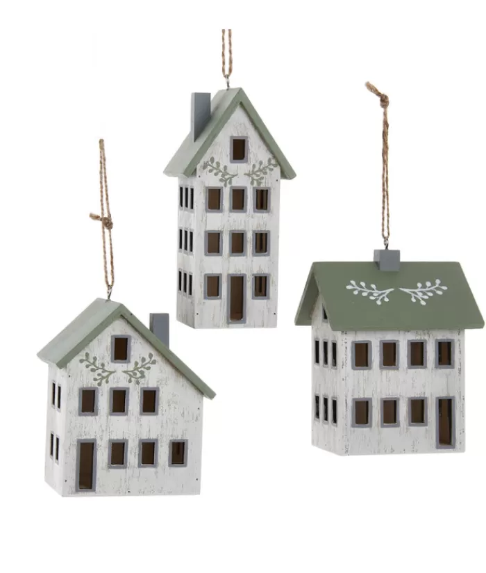 Store Ornament, Wooden House, In Sage And Ivory Colours Sweet Sentiments