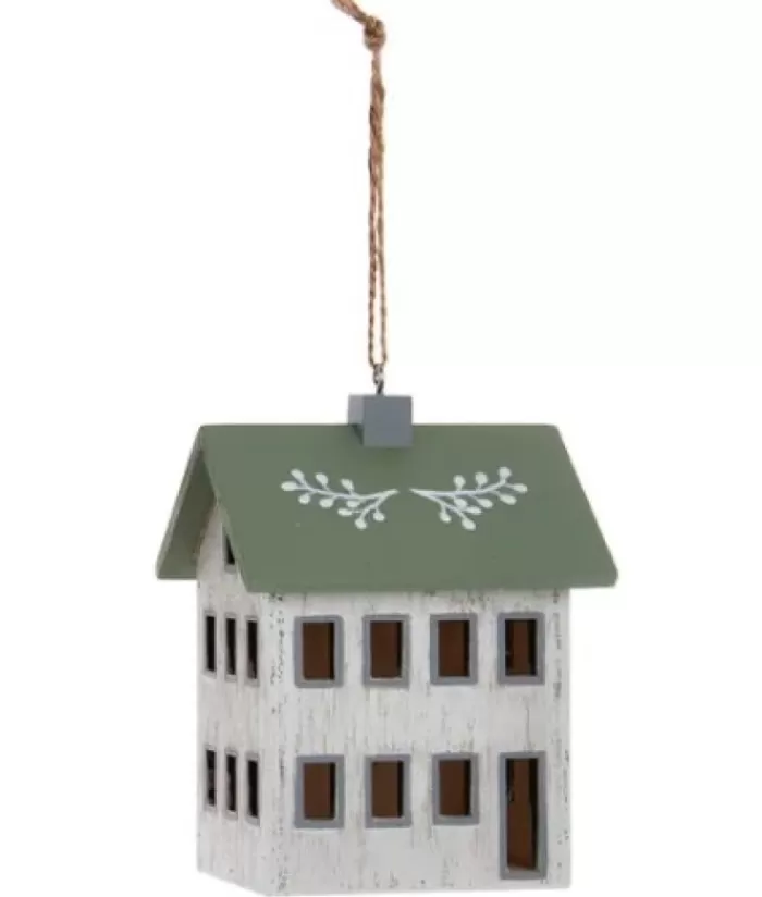 Fashion Ornament, Wooden House, Ivory And Sage Colours. Sweet Sentiments