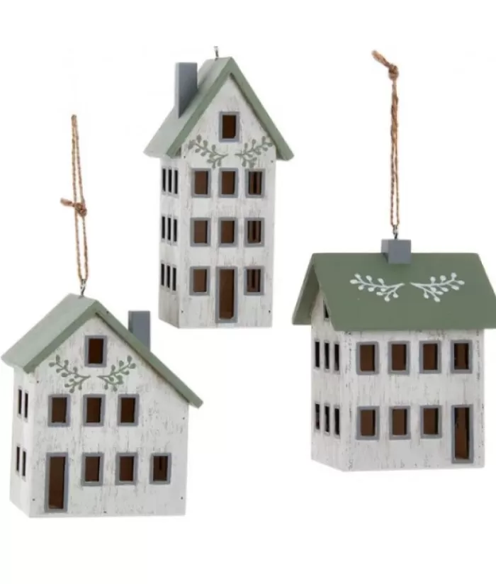 Shop Ornament, Wooden House, Sage And Ivory Colours Family & Friends