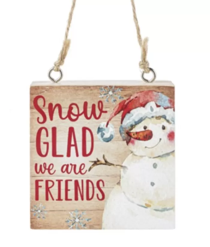 Shop Ornament, Wooden Plaque, With Message "Snow Glad We Are Friends" Snowmen