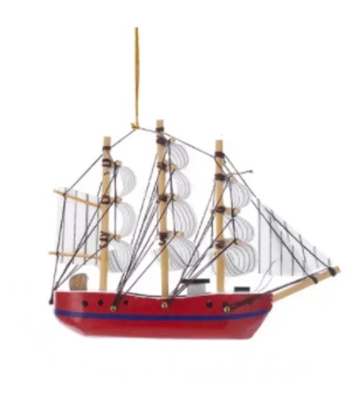 Boutique de Noël Under The Sea*Ornament, Wooden Schooner, Red, 5.5'' In Length