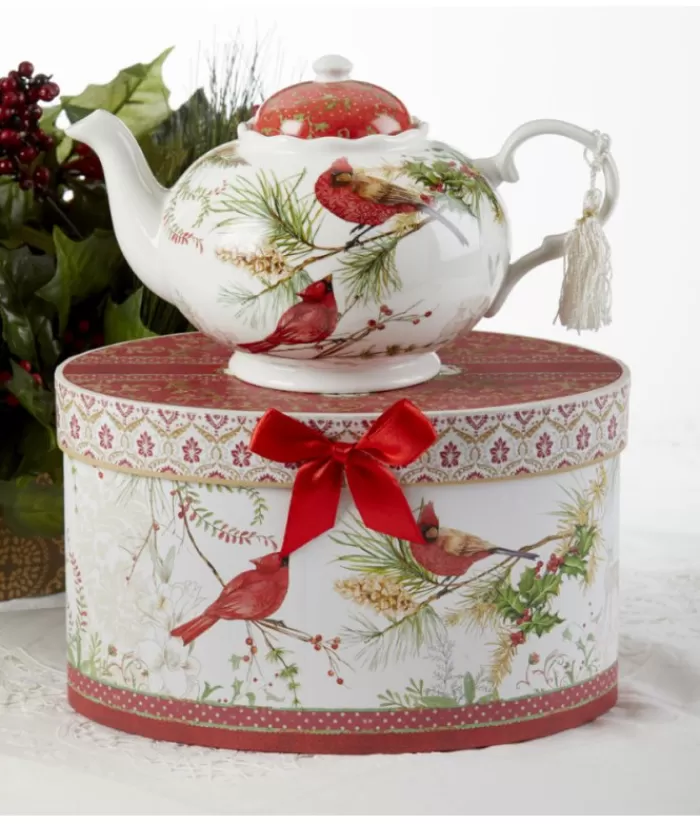 Outlet Porcelain Tea Pot, Cardinal Motif Christmas Dishes