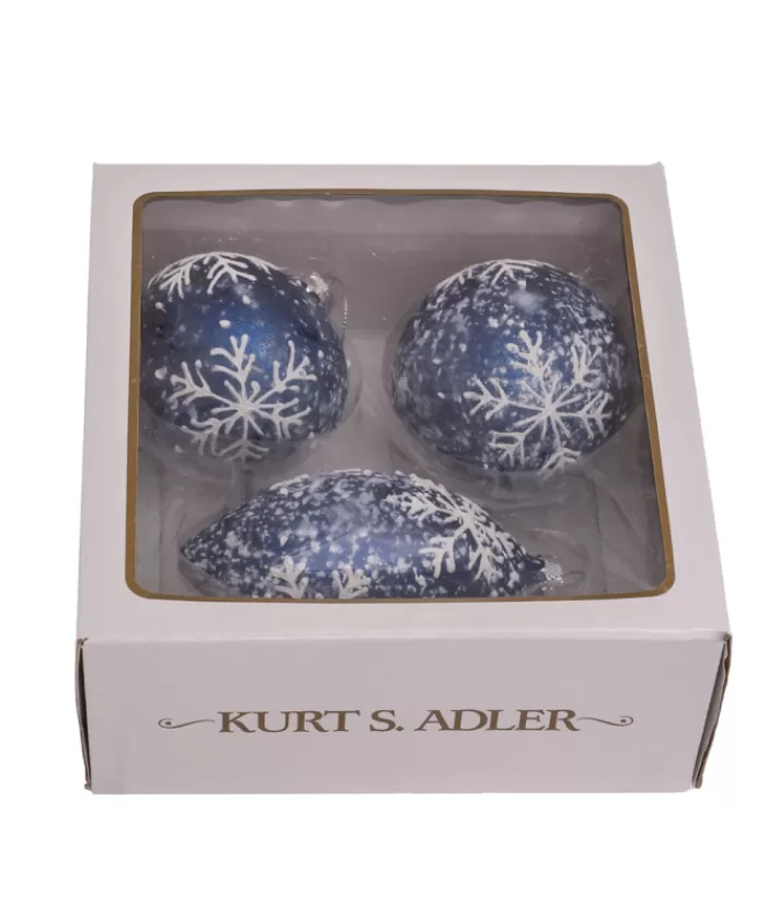 Cheap Round, Onion And Filial Blue Glass Balls, With Snowflake Decoration, 80Mm, Box Of 3 Snowflakes & Stars