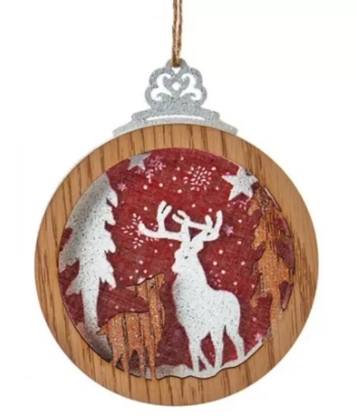 Boutique de Noël Rustic*Round Wooden White Deer Ornament