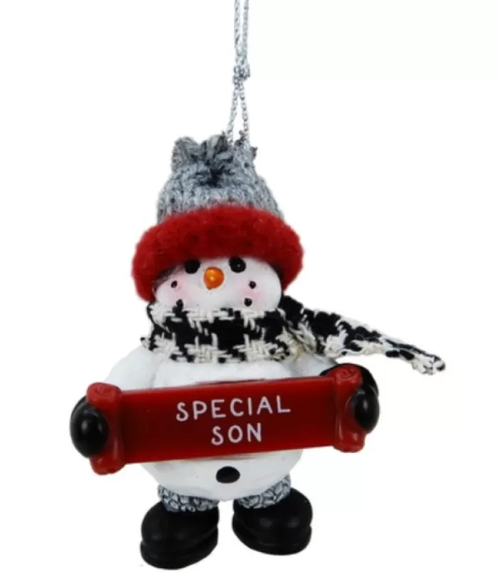 Boutique de Noël Rustic*Snowman With Banner, Message, "Special Son", Ornament