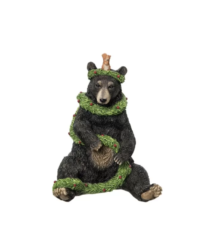 Boutique de Noël Rustic*Table Piece Ornament, Sitting Black Bear With Garland.