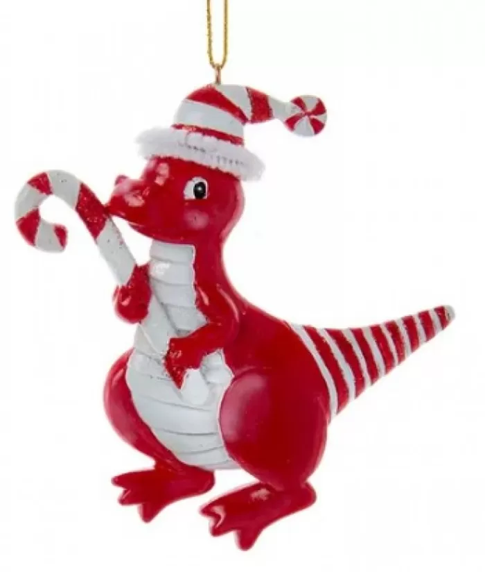 Fashion Tree Ornament, Red Dinosaur With Peppermint Cane Animals