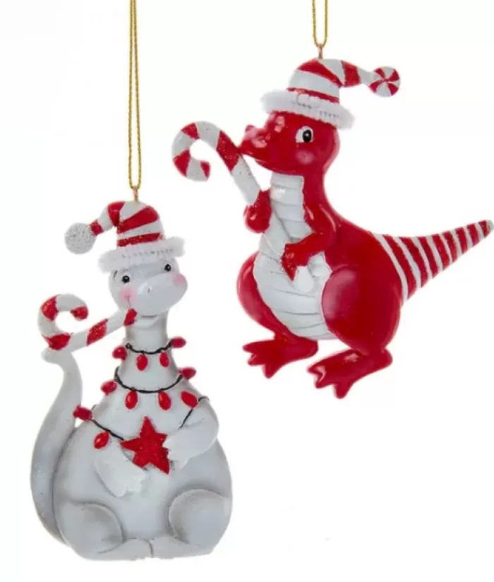 Fashion Tree Ornament, Red Dinosaur With Peppermint Cane Animals