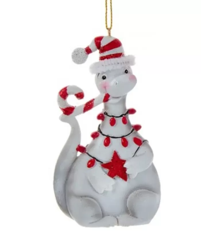 Boutique de Noël Ginger Bread & Candy Shoppe*Tree Ornament, White Festive Dinosaur With Peppermint Cane