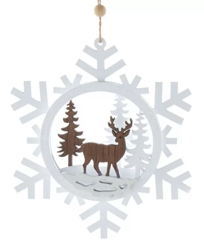 Boutique de Noël Rustic*White Snowflake With Deer Ornament