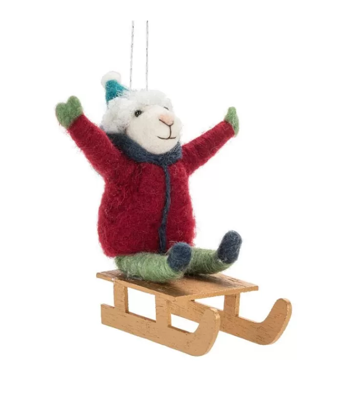 New Xmas Tree Ornament, White Woolly Mouse On Winter Sled Woolly