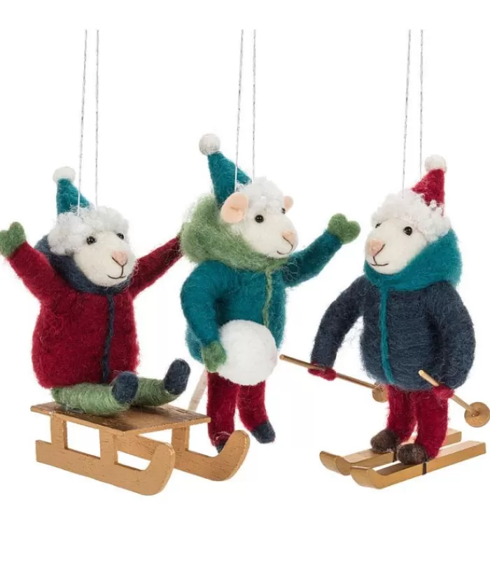 New Xmas Tree Ornament, White Woolly Mouse On Winter Sled Woolly