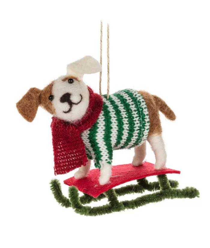 Fashion Xmas Tree Ornament, Woolly Dog On A Sled, With A Sweater Woolly