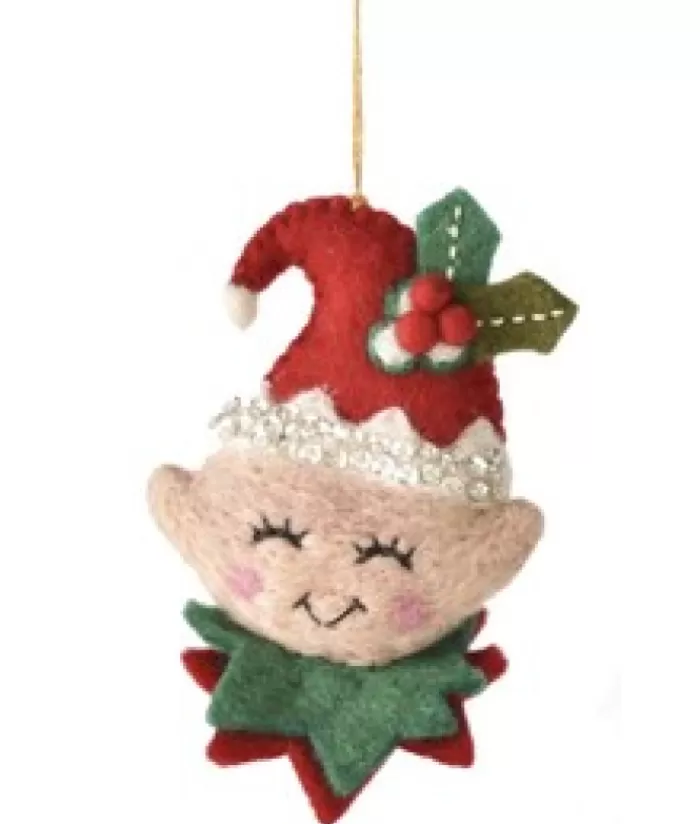 New Xmas Tree Ornament, Woolly Elf'S Head With Holly Gnomes & Elves