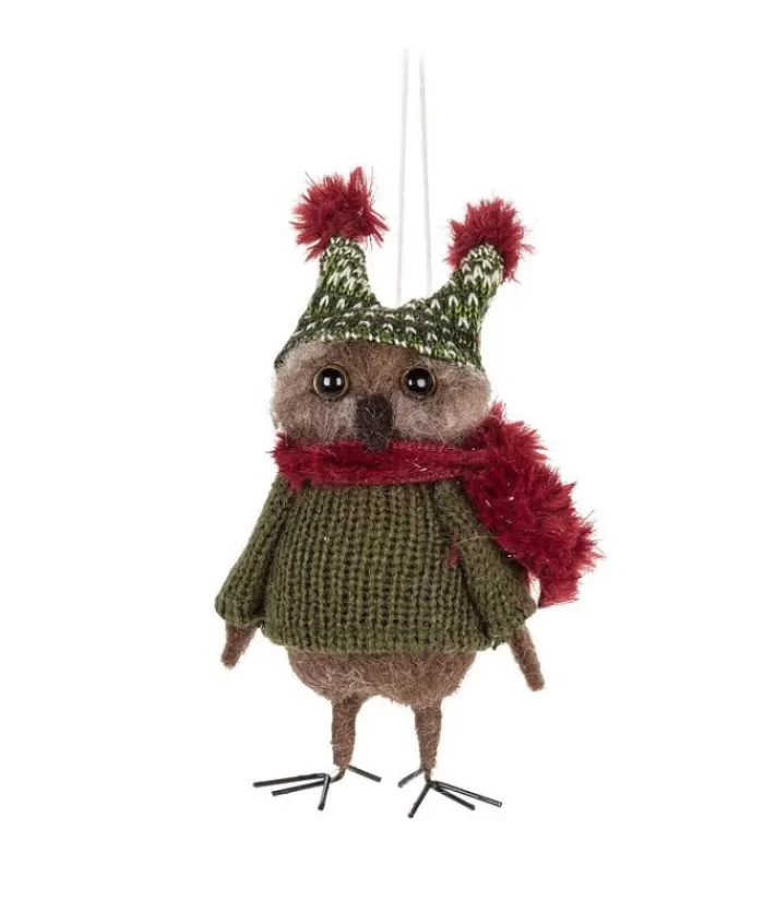 New Xmas Tree Ornament, Woolly Owl In Green Sweater And Hat Woolly